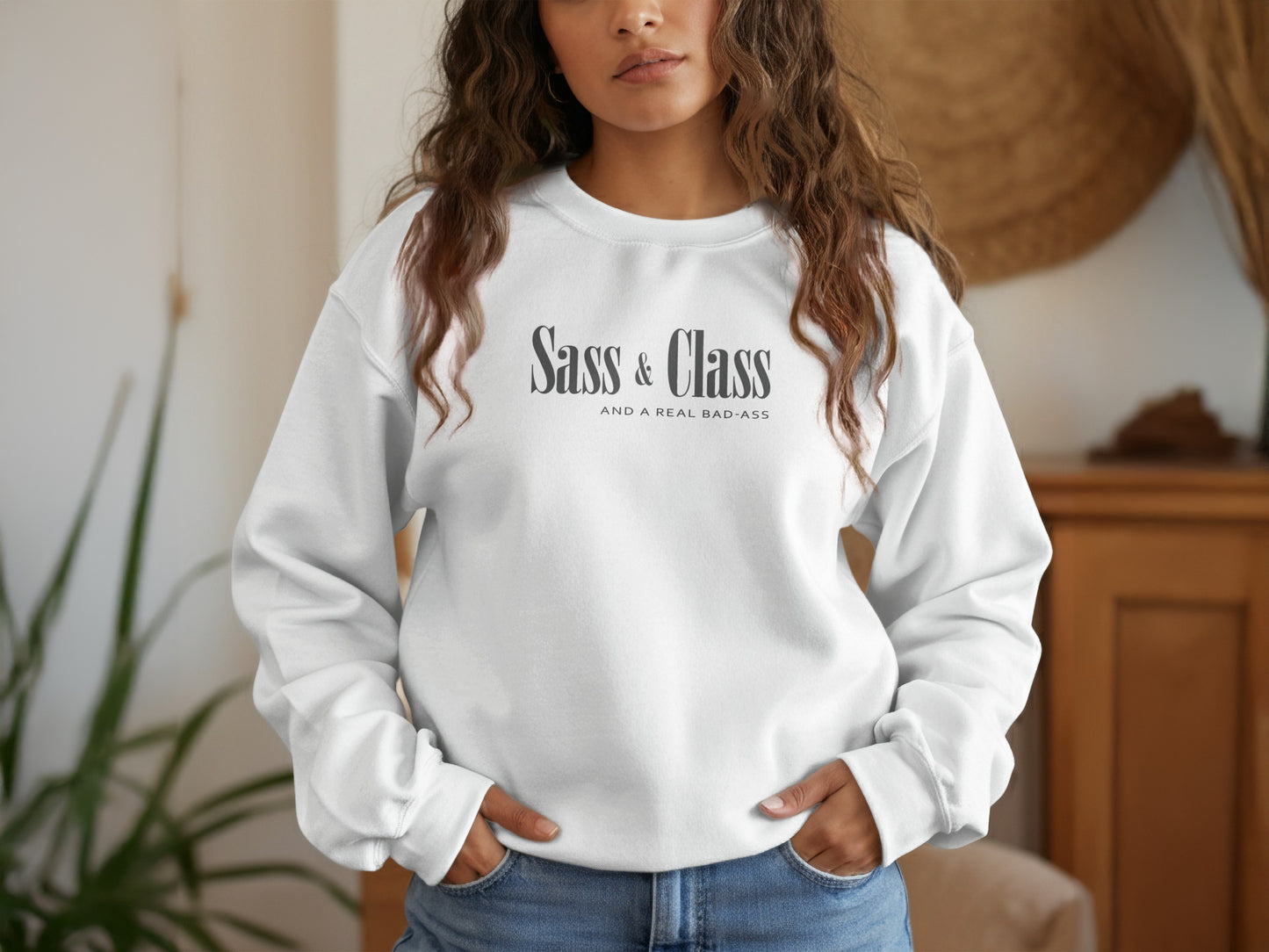 White Sass and Class sweatshirt with striking statement slogan, soft fabric, and motivational casual fashion design.