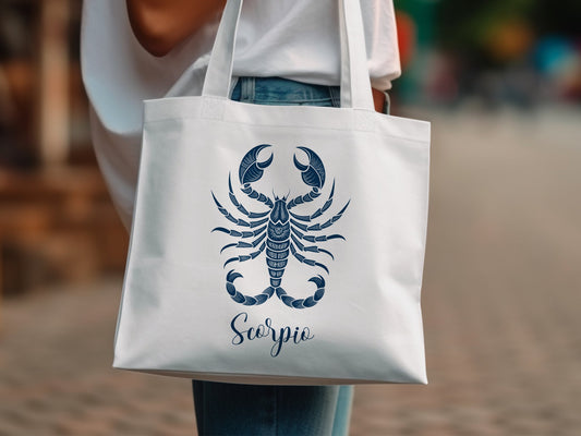 Scorpio zodiac tote with fierce celestial artwork and strong cotton design.