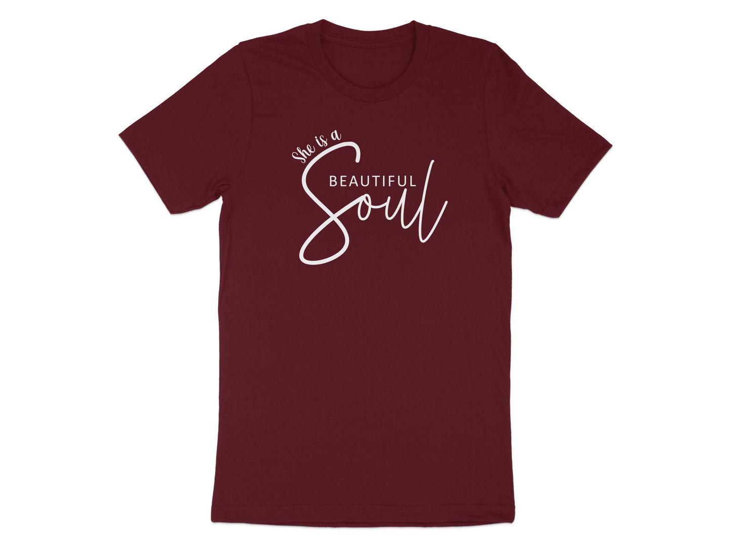 She is a Beautiful Soul T-shirt in maroon cotton with short sleeves and a flattering crew neckline