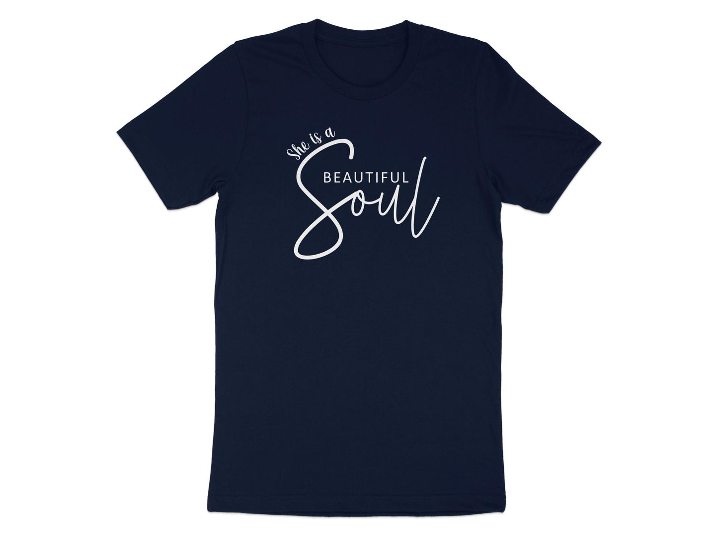 Navy She is a Beautiful Soul shirt with breathable fabric and classic short sleeve style