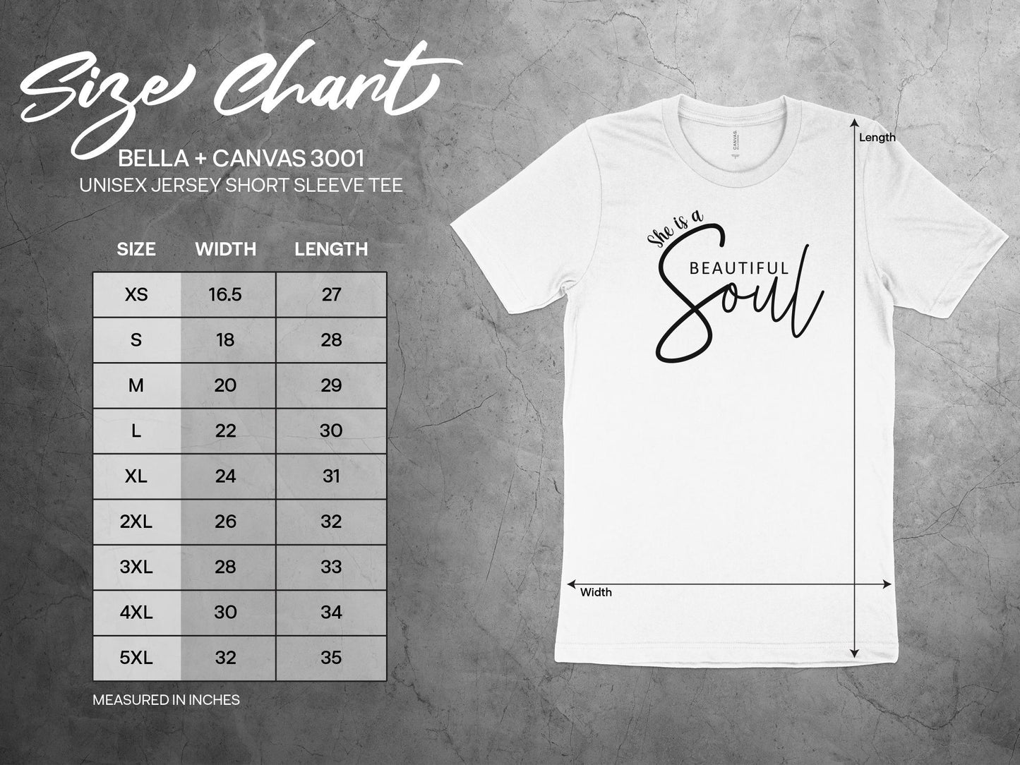 She is a Beautiful Soul T-shirt size chart showing unisex fit from small to 3XL