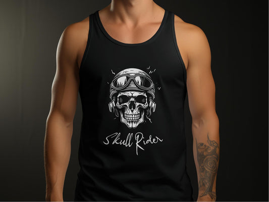 Black Skull Rider Tank Top, cotton unisex sleeveless top with scoop neck and bold graphic for casual edge.