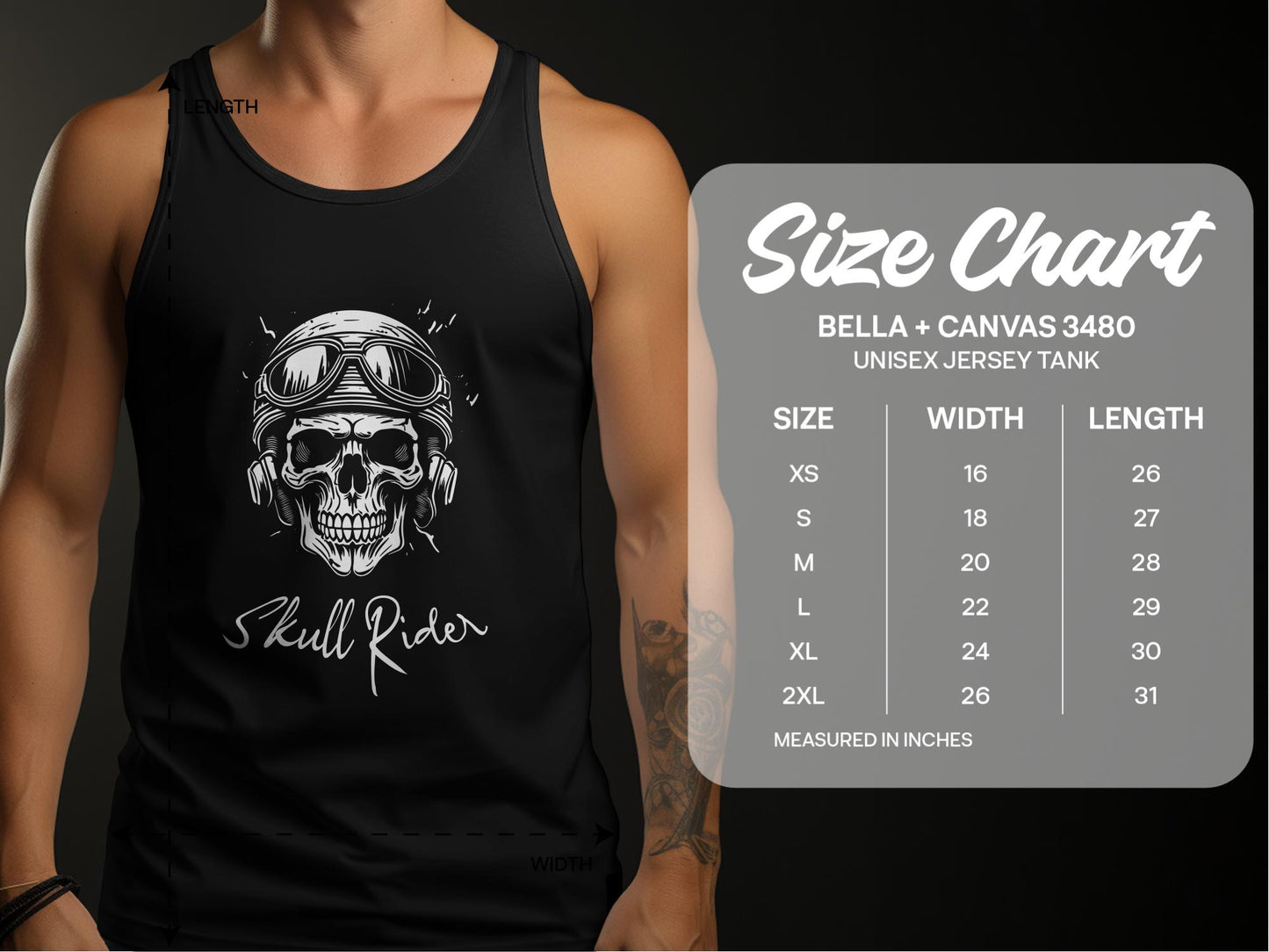 Skull Rider Tank Top sizing guide with unisex chest and length details for sizes small through 2XL.