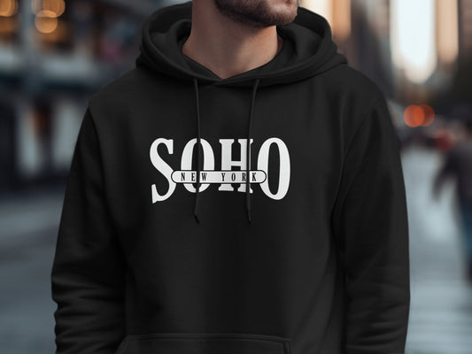 Black Soho New York pullover hoodie featuring bold front print, trendy unisex design, and streetwear-inspired appeal.