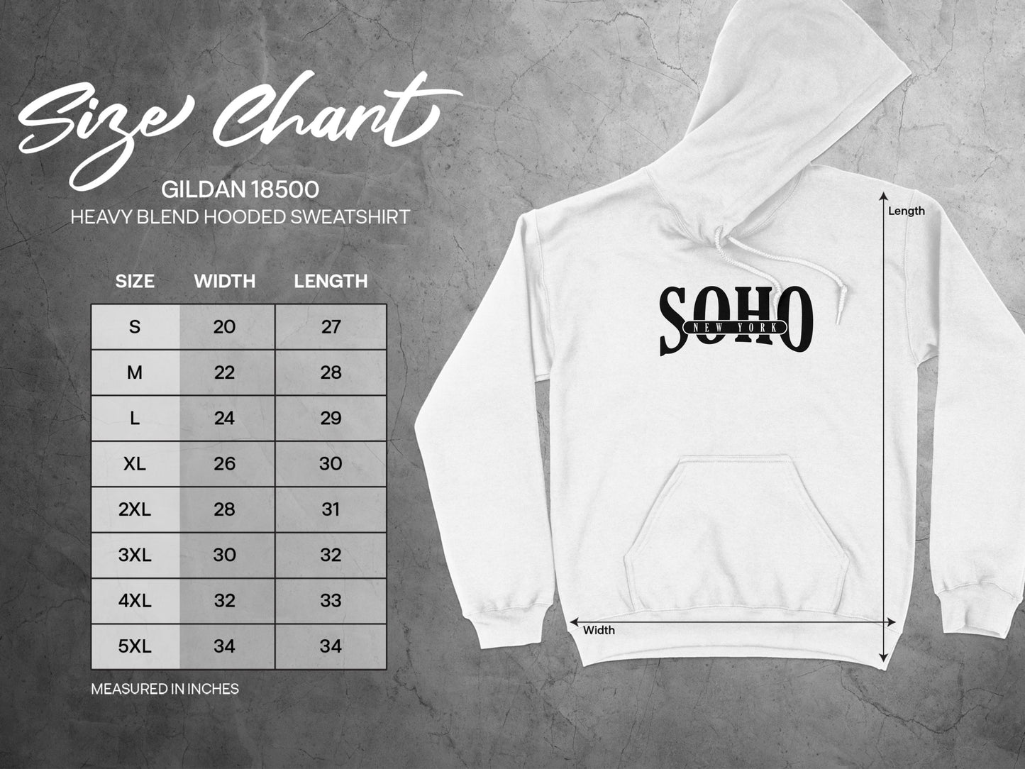 Soho New York Hoodie unisex size chart detailing chest, body length, and sleeve measurements.