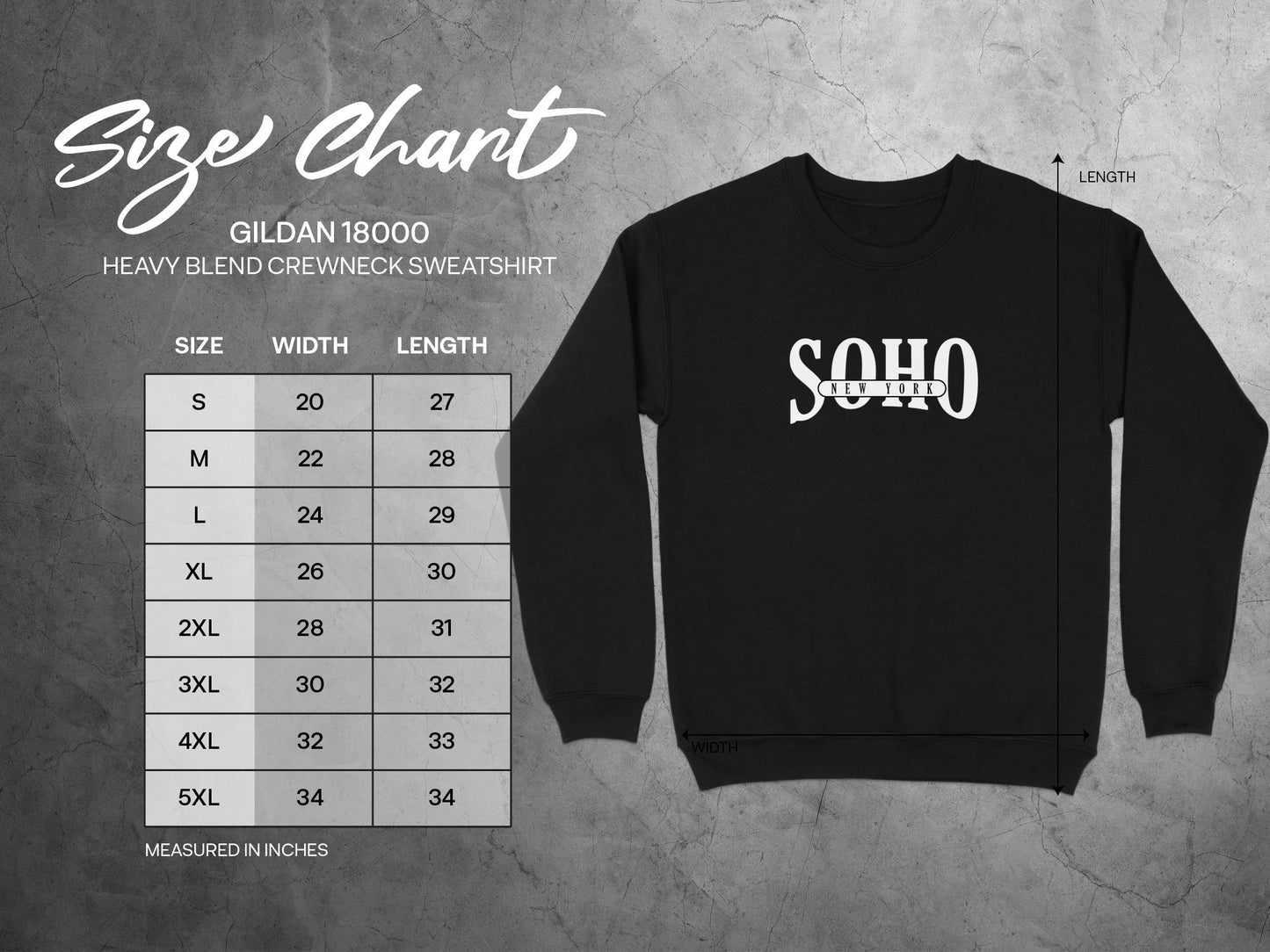 Soho New York Sweatshirt size chart S-3XL with chest width, sleeve length, and body length measurements.