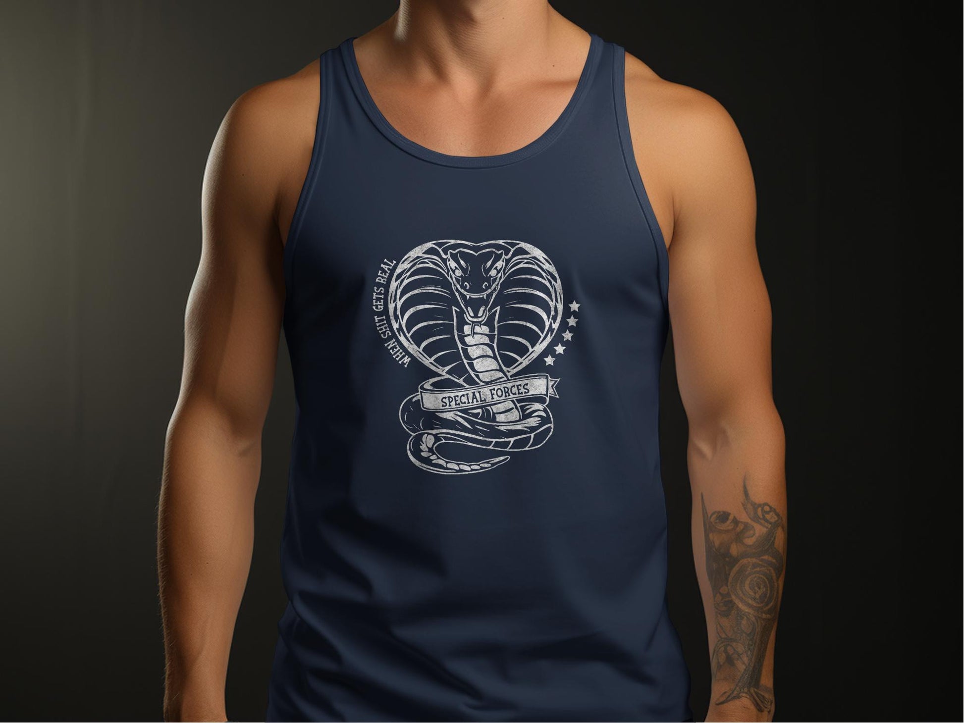 Navy Special Forces Tank Top, sleeveless unisex fit with scoop neckline and cotton fabric for active comfort.