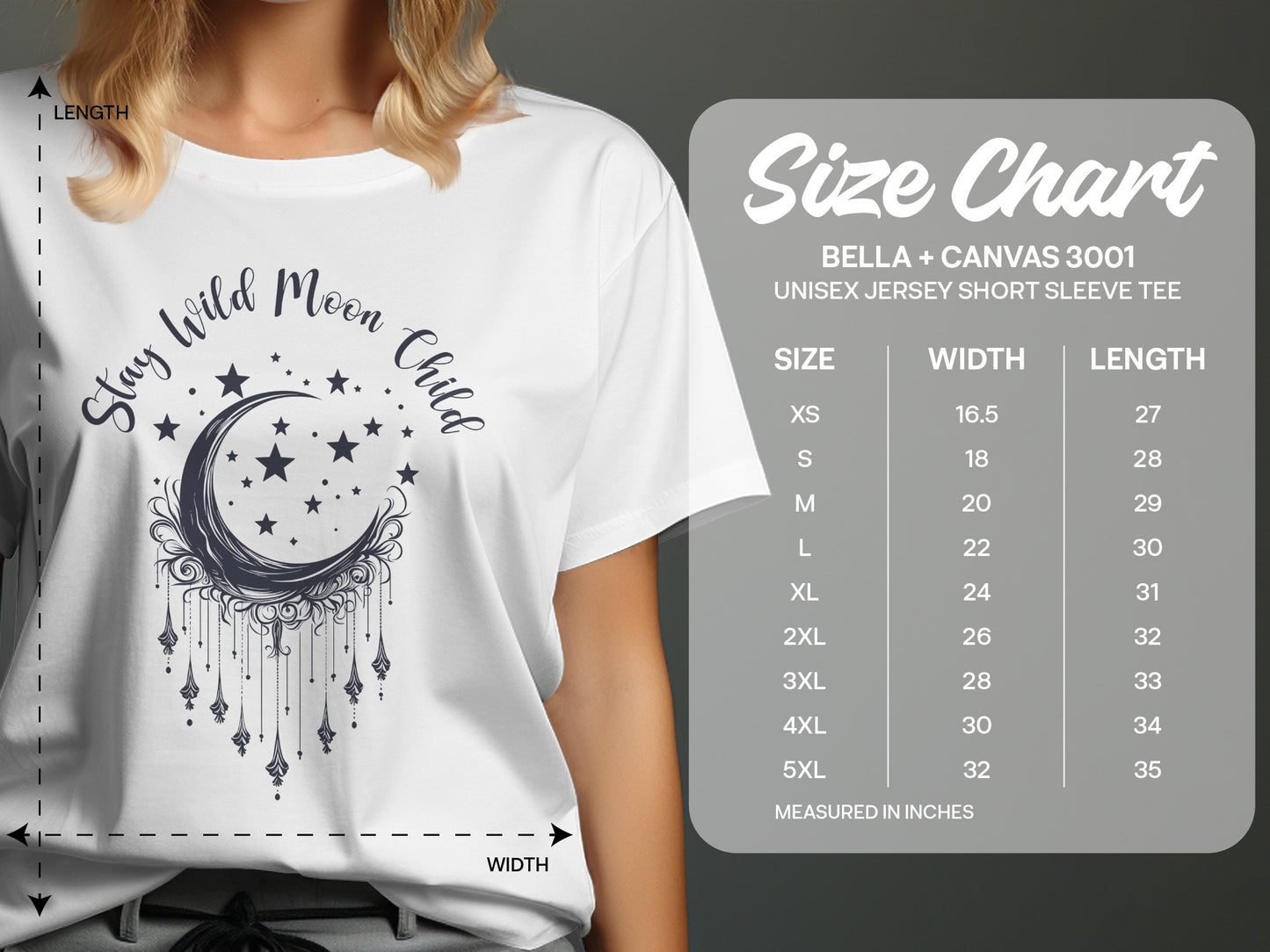 Unisex size chart for Stay Wild Moon Child T-Shirt with chest and length measurements for accurate fit guide.