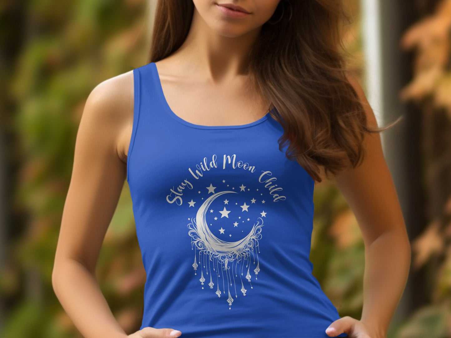 Blue Stay Wild Moon Child Tank Top with celestial design, lightweight feel, and soft spiritual-style cotton.