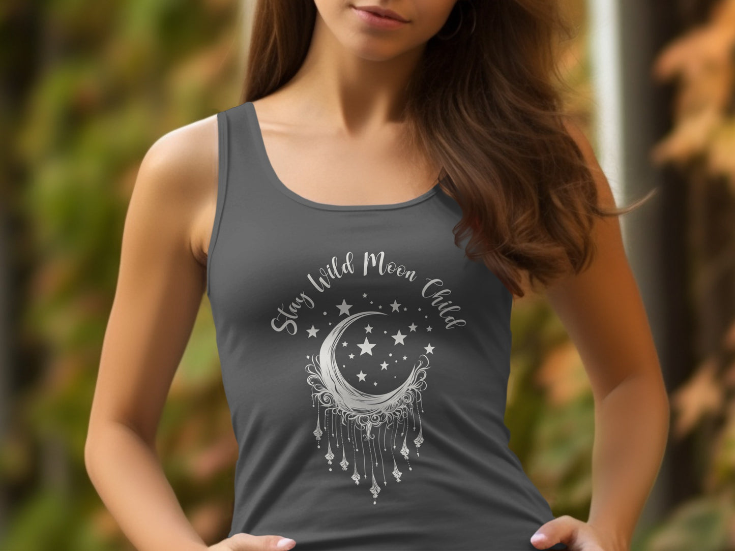 Charcoal grey Stay Wild Moon Child Tank Top with mystical moon art, scoop neck, and boho-inspired comfort.