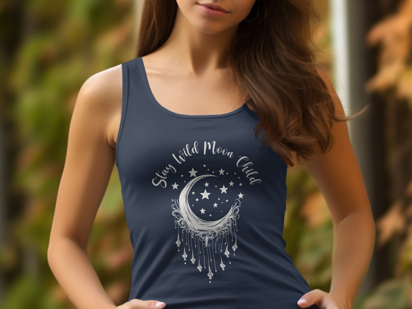 Navy Stay Wild Moon Child Tank Top featuring boho moon design, relaxed cut, and airy unisex cotton blend.