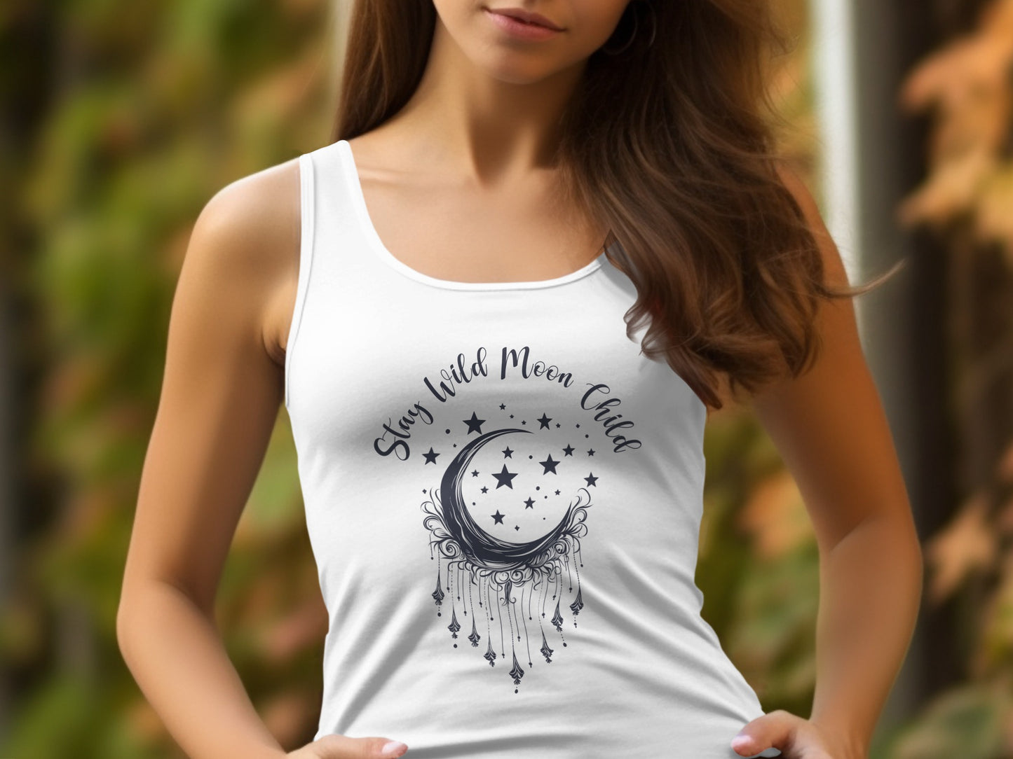 White Stay Wild Moon Child Tank Top with black moon art, relaxed sleeveless fit, and minimalist spiritual energy.