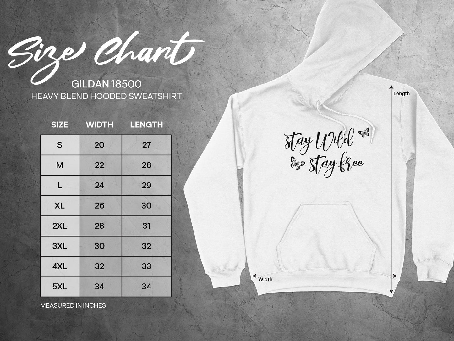 Size chart for Stay Wild Stay Free Hoodie, detailing chest measurements, length, and sleeve length across sizes S to 3XL
