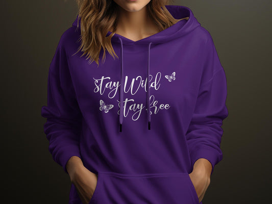 Stay Wild Stay Free Hoodie with a classic fit, unisex sizing, pouch pocket, and draw cord. Comfortable cotton blend fabric.