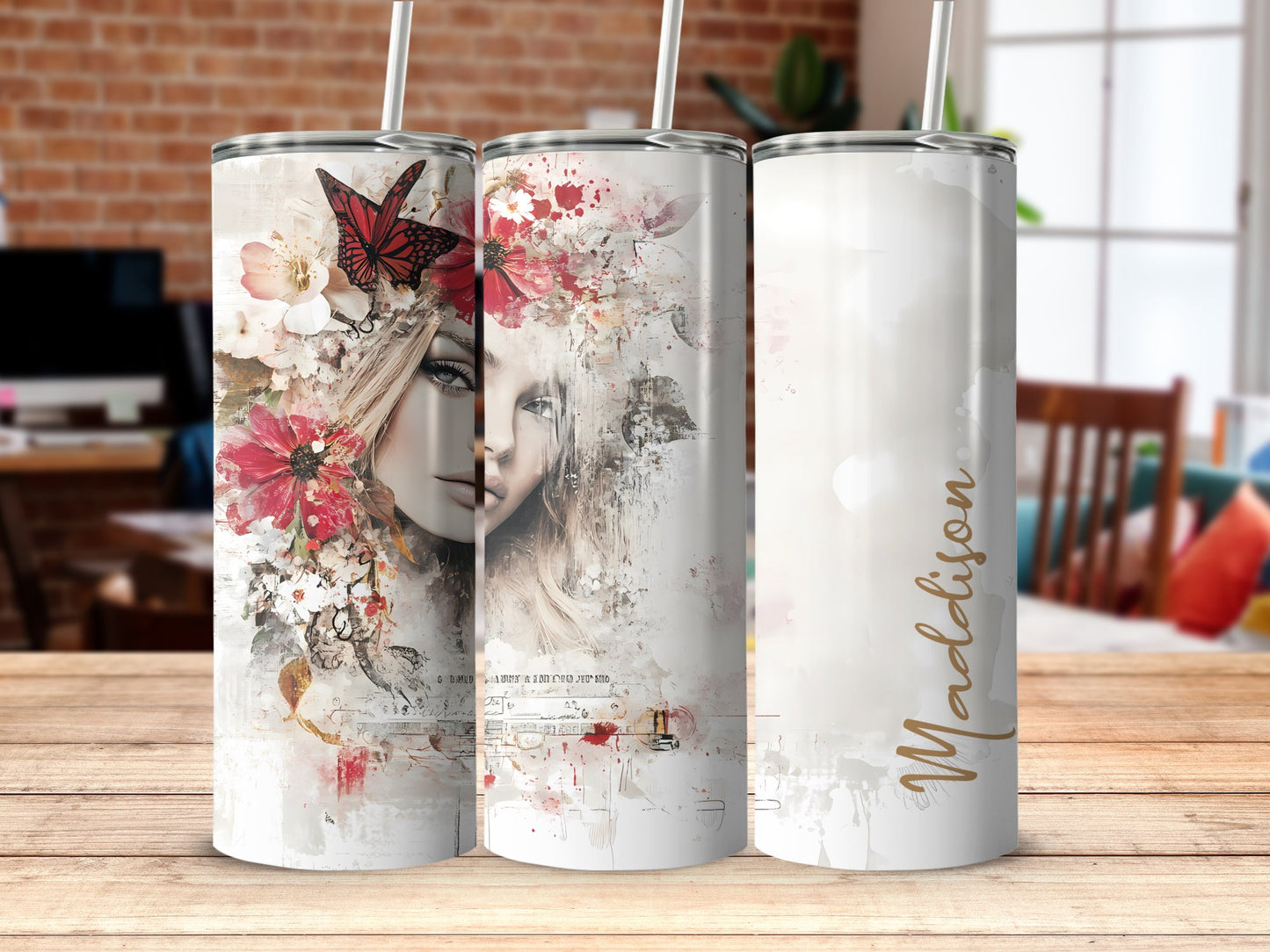 Stunning woman tumbler on table, 20oz stainless steel with eye-catching artwork of a confident woman
