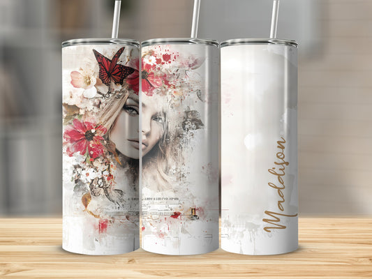 Stunning woman custom tumbler with 20oz stainless steel body, featuring an elegant woman design for chic hydration