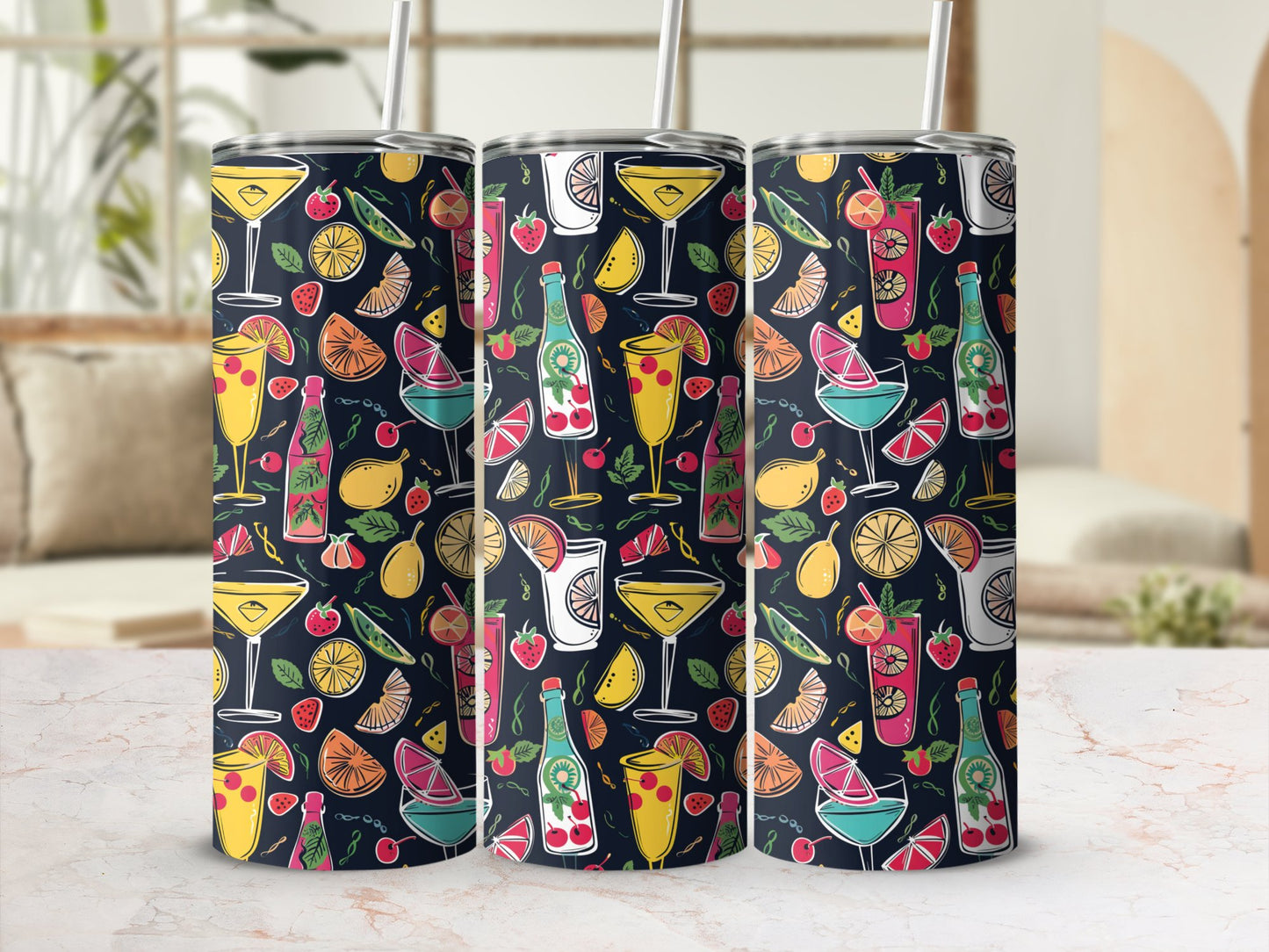 Summer beverage tumbler on table, 20oz stainless steel with sunny and tropical design for summer hydration