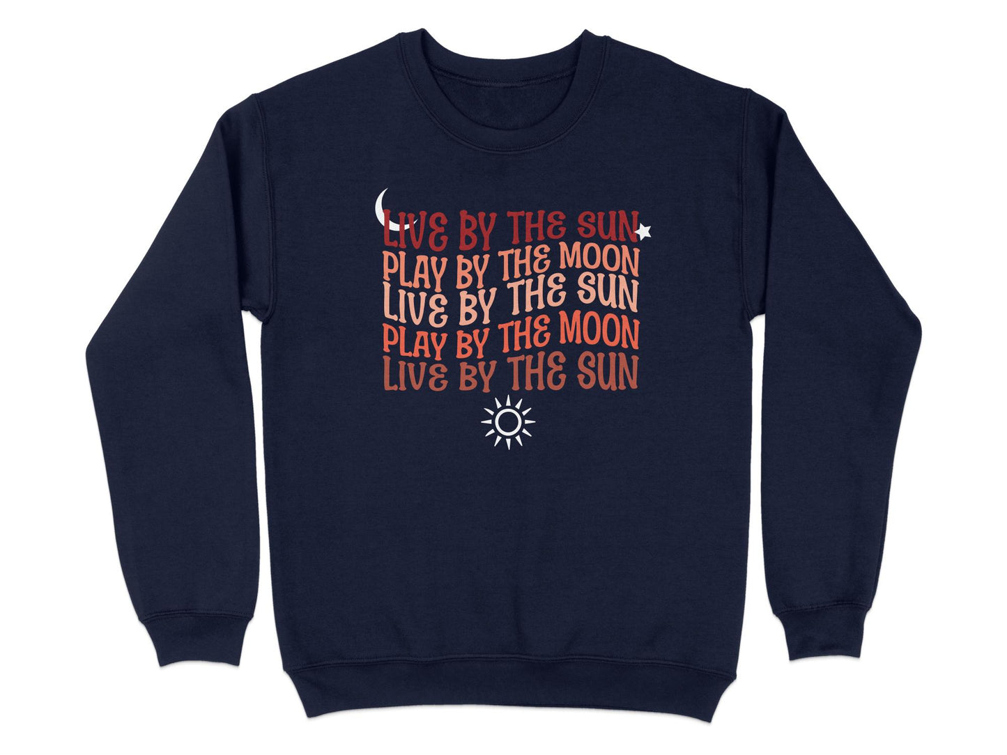 Navy Sun and Moon Sweater, unisex fit with graphic design, crew neck, and soft cotton blend for casual everyday comfort.