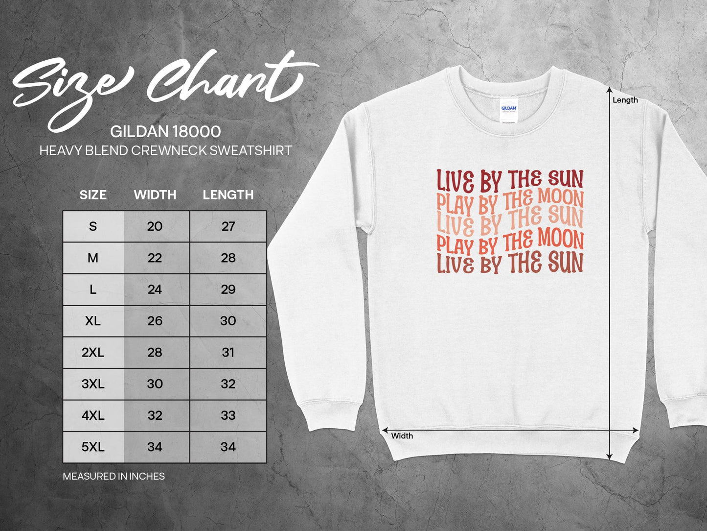Sun and Moon Sweater size chart (S–3XL) with body length, sleeve length, and chest measurements for unisex fit.