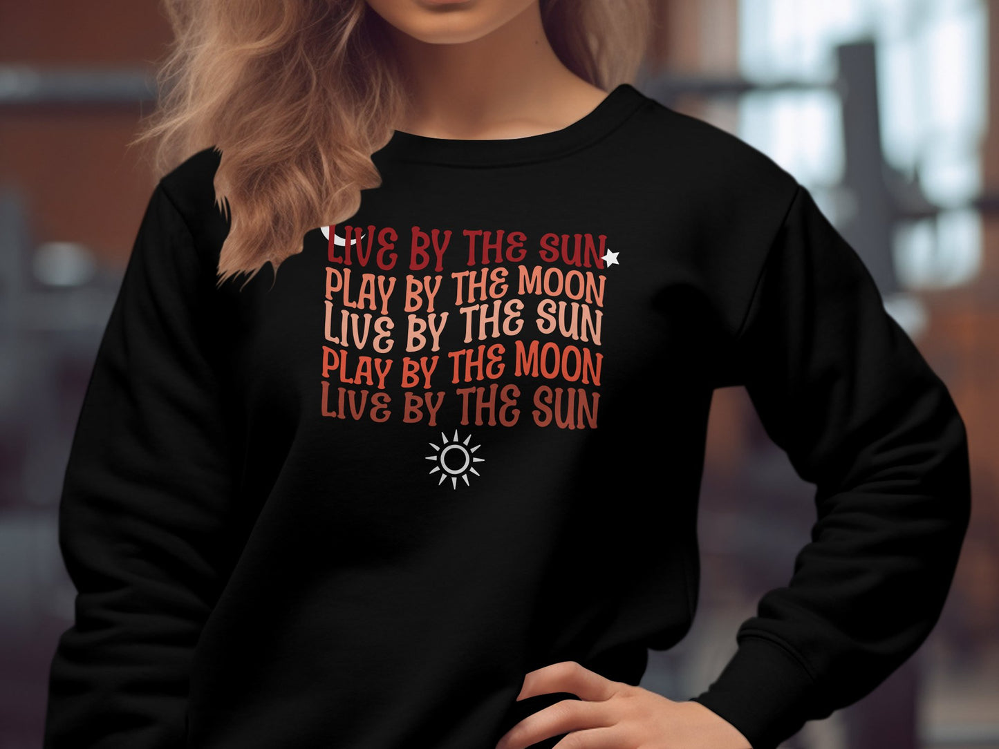 Sun and Moon Sweater with celestial graphic, crew neck, seamless fit, and soft cotton blend for a relaxed, casual style.