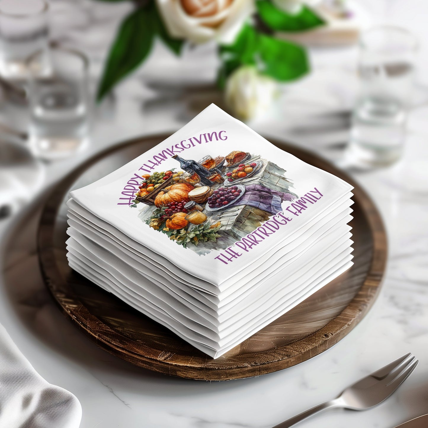 Personalized Thanksgiving napkins, ideal for cocktails, dinner, and all your holiday dining needs.