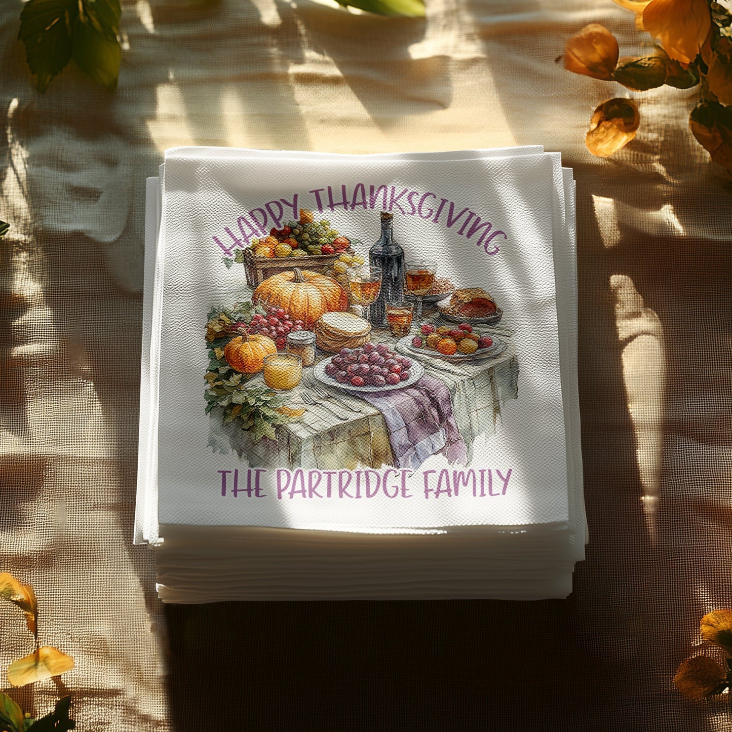 Custom Thanksgiving dinner napkins, perfect for elevating your dining experience and cocktail hour.