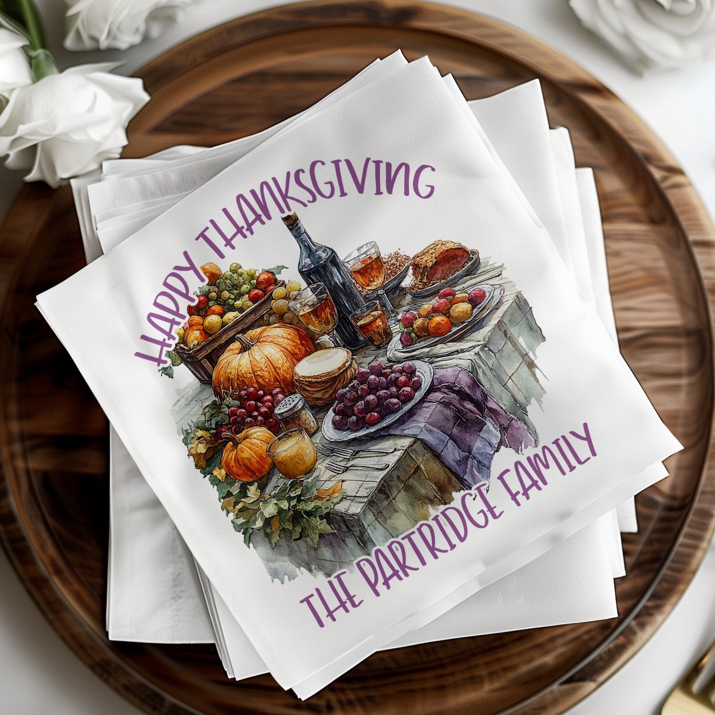 Customizable Thanksgiving napkins to complement your festive beverages, dinner, and dessert table.