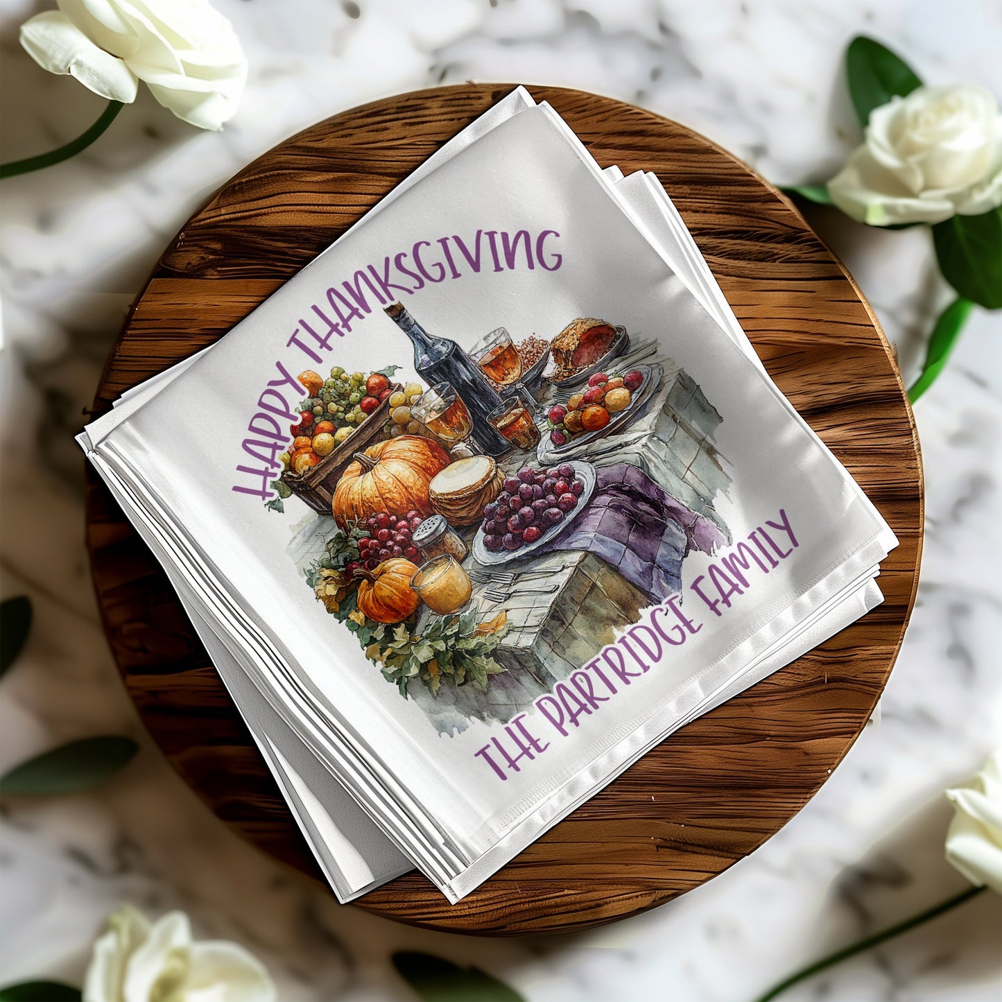 Custom Thanksgiving dinner napkins, perfect for adding a personal touch to your table setting and beverage stations.