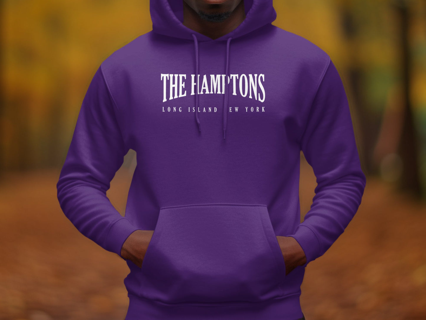 Purple Hamptons Hoodie with streetwear-inspired graphic, unisex fit, and ribbed sleeve cuffs for added all-day comfort.