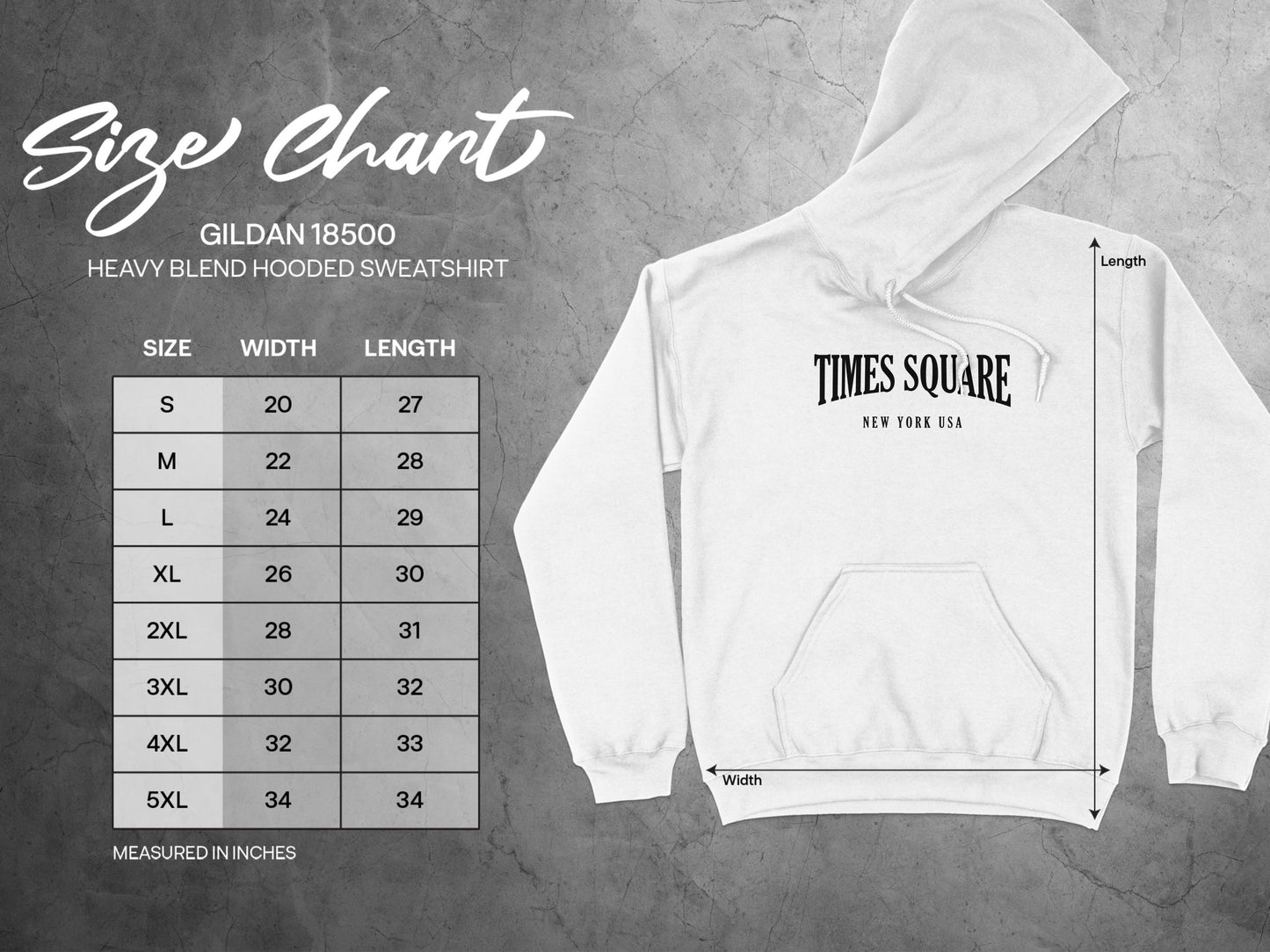 Times Square Hoodie unisex size chart showing chest width, sleeve length, and body length measurements.