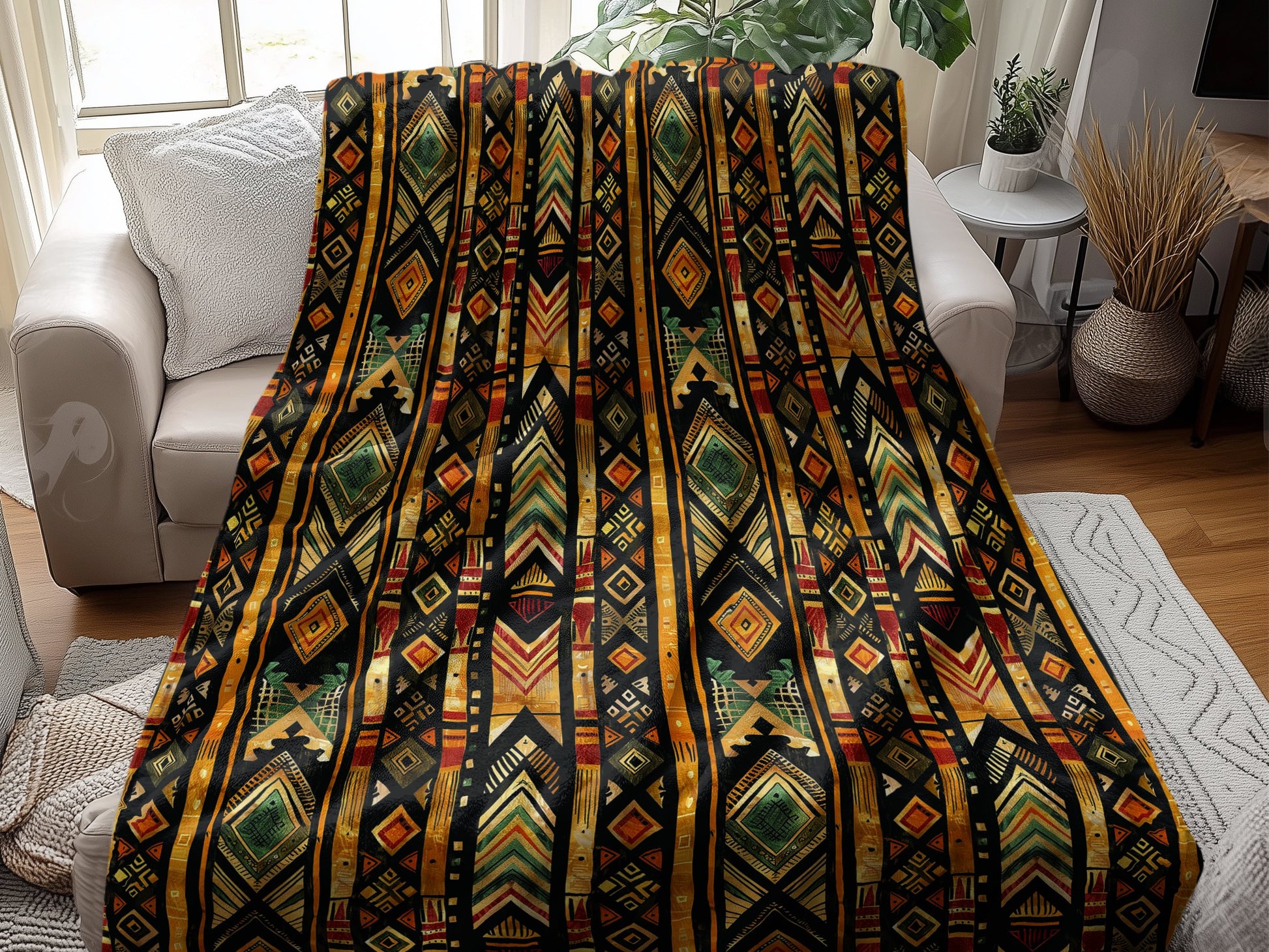Tribal Tapestry Arctic Fleece Blanket 60x80 inch draped over a couch, with rich tribal prints for decor style and comfort.
