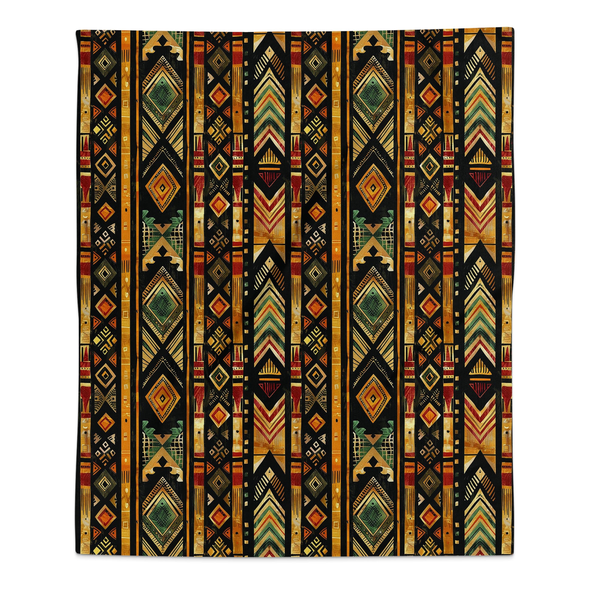 Tribal Tapestry Arctic Fleece Blanket in vibrant colours with intricate tribal design, hemmed on all sides.