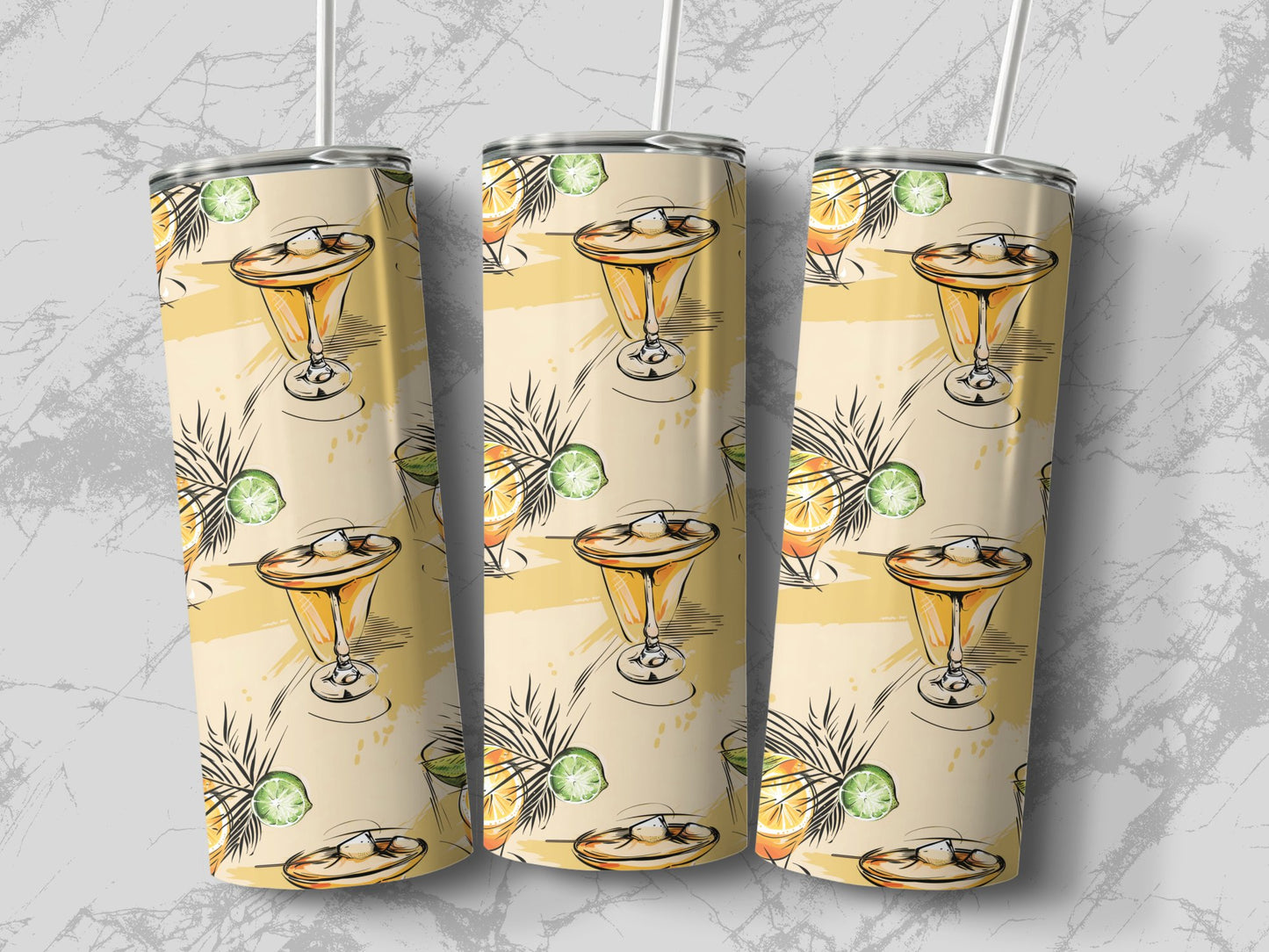 Model holding tropical cocktail tumbler, slim 20oz design with metal straw and tropical-inspired artwork