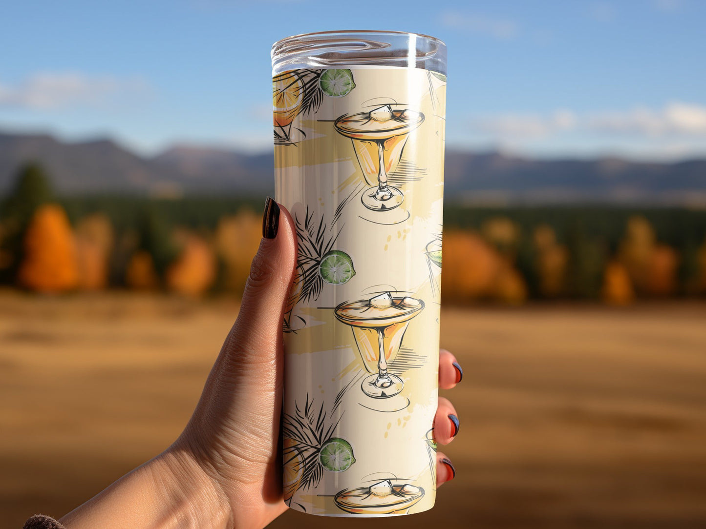Woman using tropical cocktail tumbler, insulated 20oz tumbler with lively tropical designs for a summer vibe