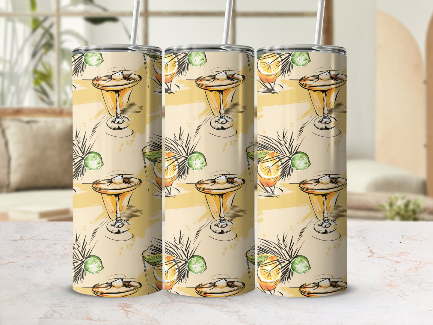 Tropical cocktail tumbler on table, 20oz stainless steel with colourful cocktail and fruit graphics for a fun look