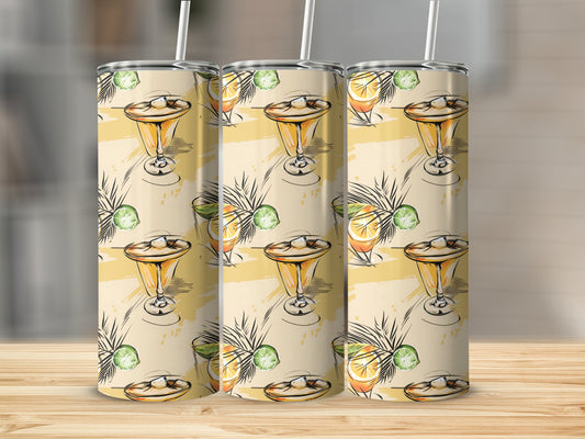 Tropical cocktail tumbler with 20oz stainless steel body, featuring vibrant tropical fruit and cocktail designs
