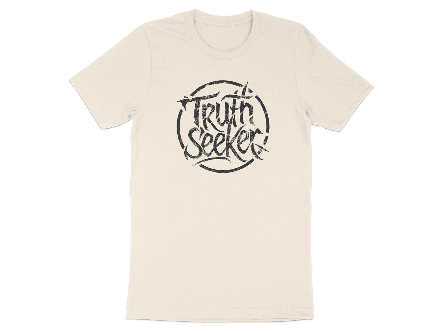 Natural off-white Truth Seeker t-shirt made from breathable cotton, minimalist print and eco style vibe with short sleeves.