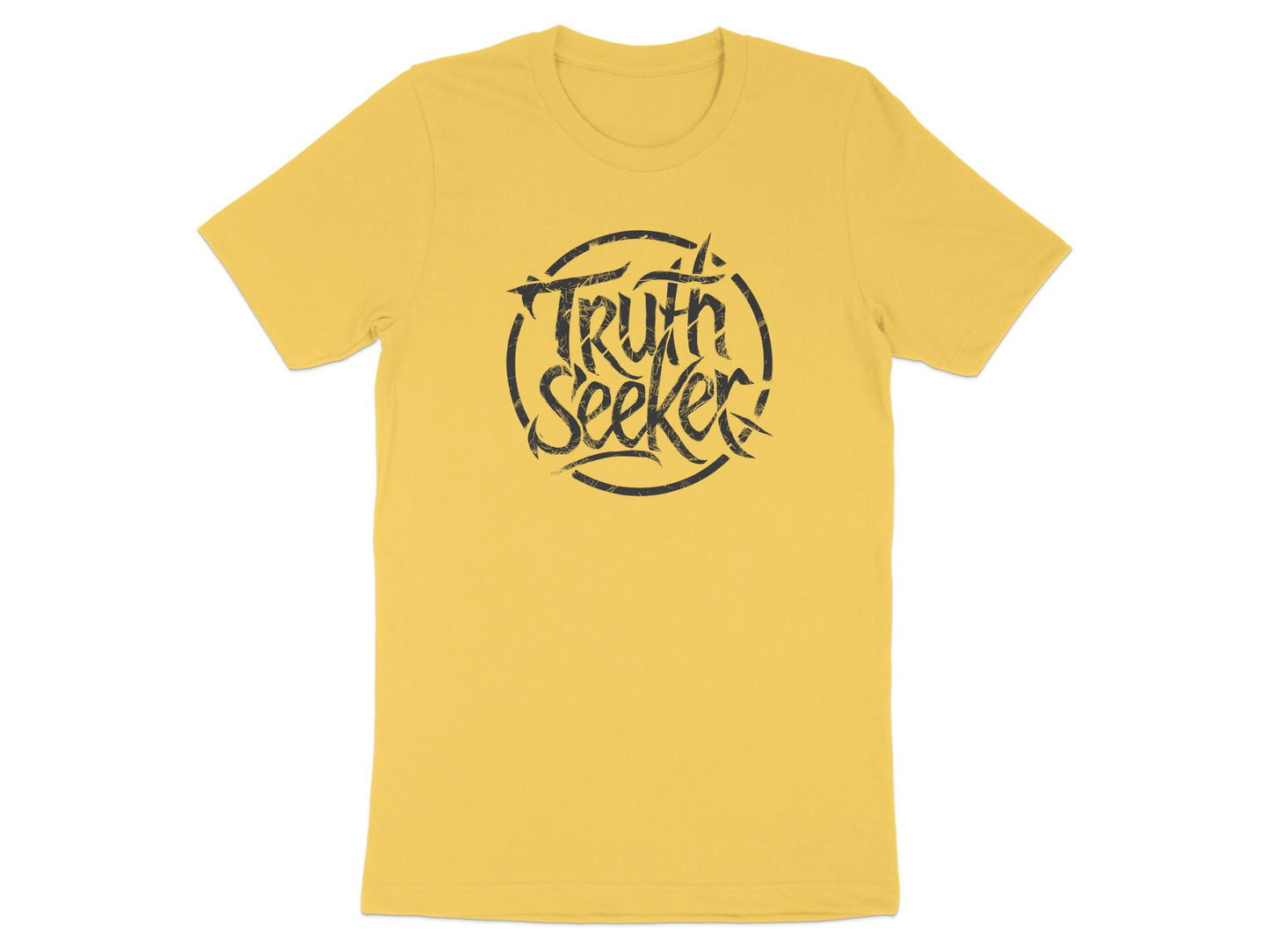 Bright yellow Truth Seeker motivational t-shirt in lightweight cotton, relaxed cut and motivational print for men and women.