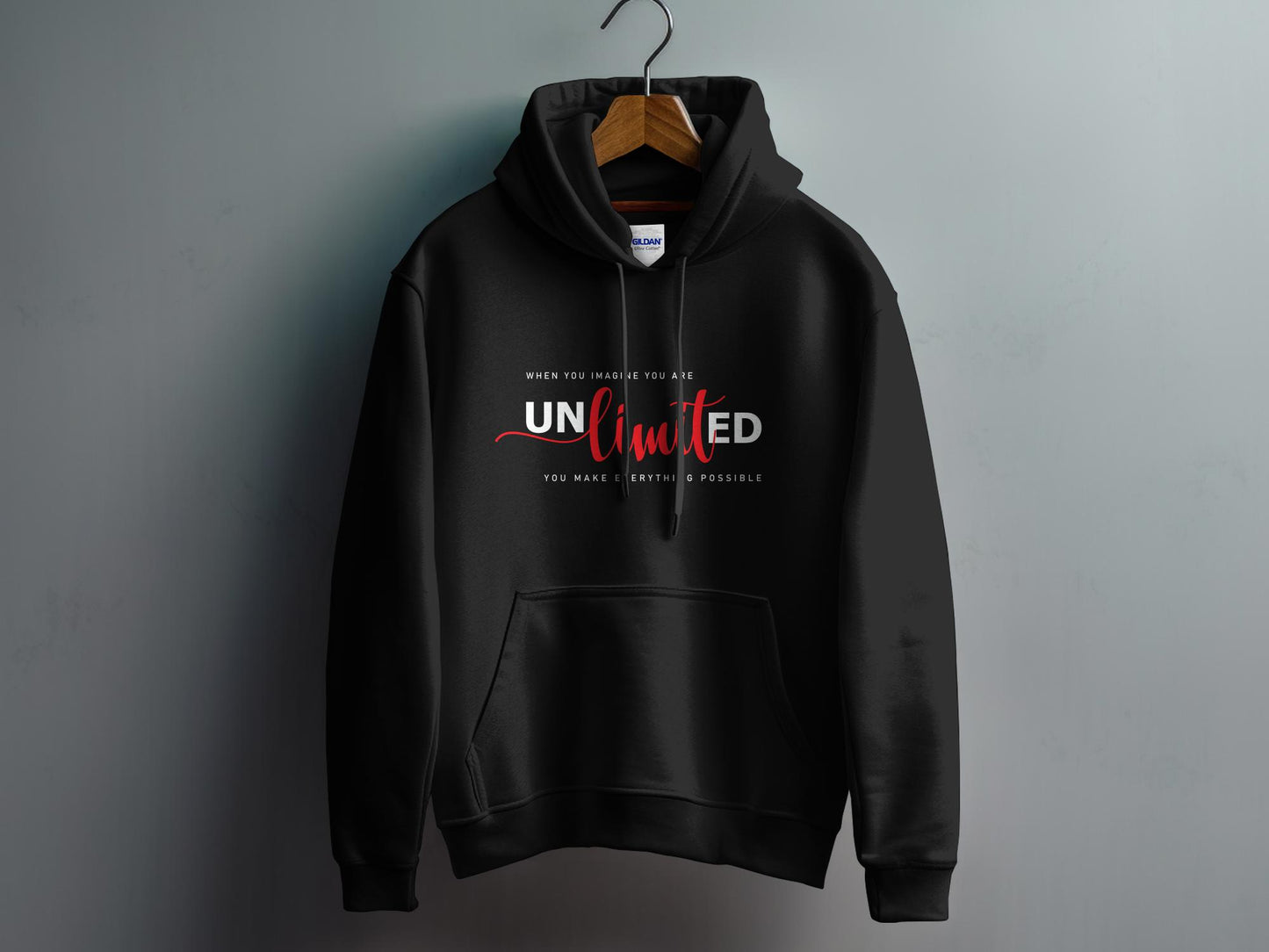 Classic black Unlimited Hoodie with a medium-heavy cotton blend fabric, draw cord, and a comfortable pouch pocket
