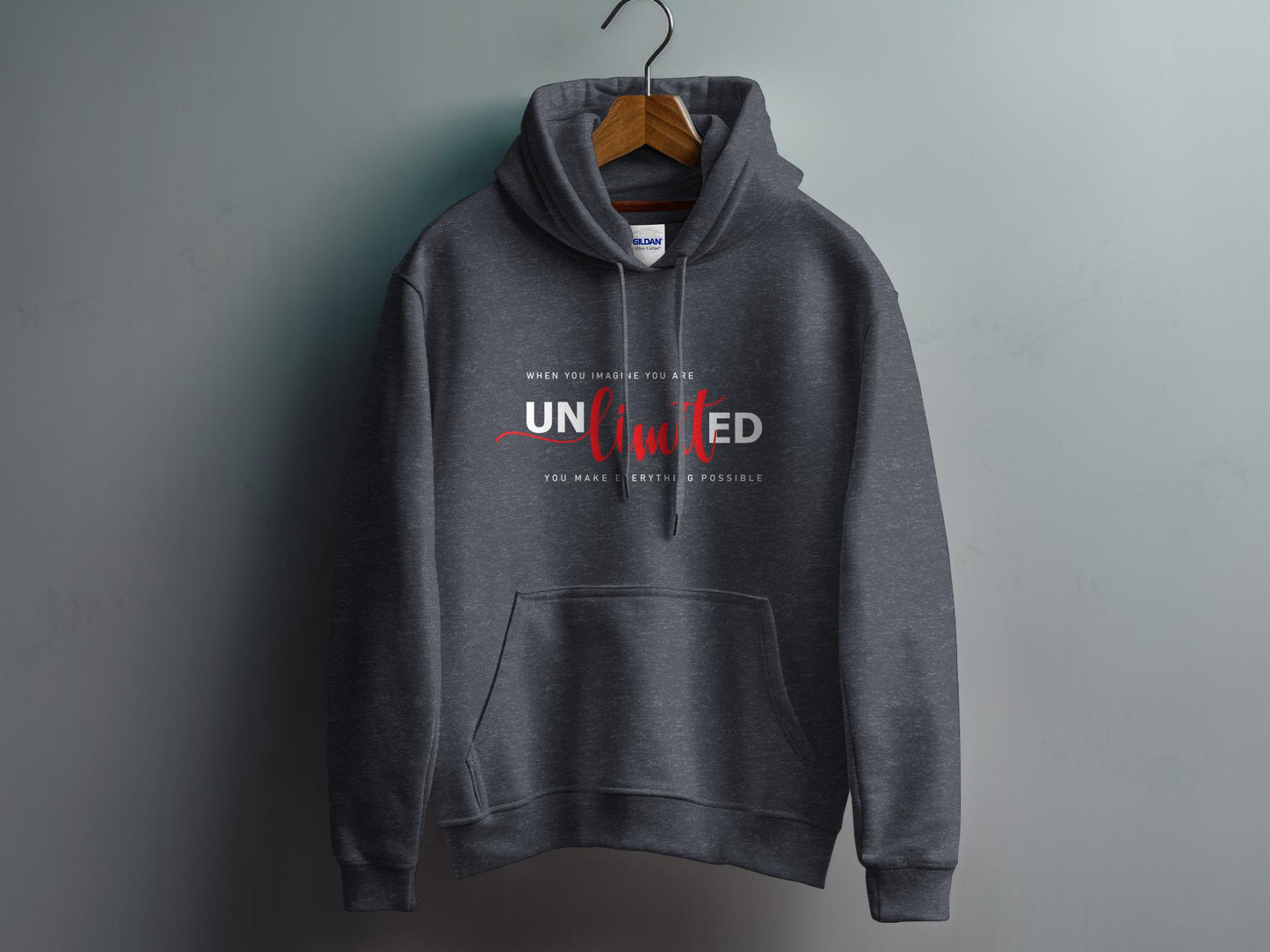 Unlimited Hoodie in dark heather grey, featuring a classic fit, pouch pocket, and draw cord for a versatile look.
