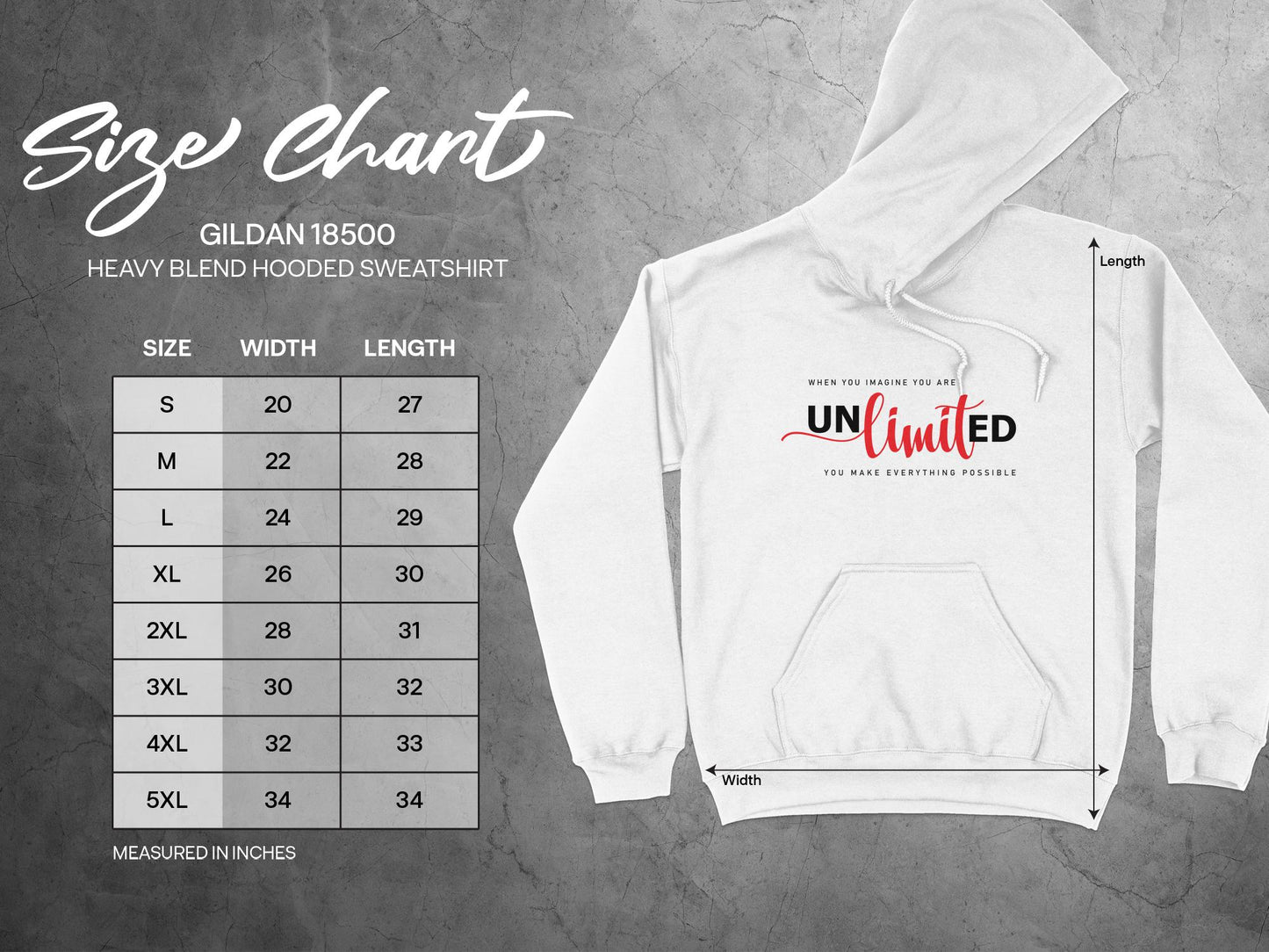 Size chart for Unlimited Hoodie, displaying unisex sizing from Small to 3X-Large with length and width measurements.