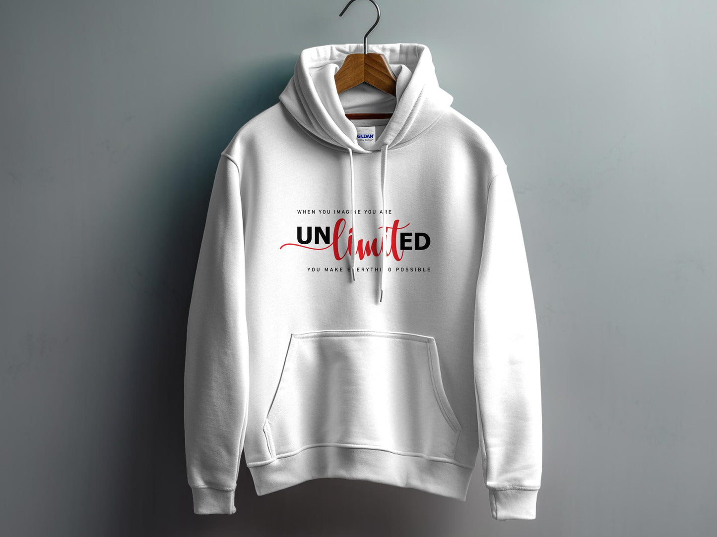 White Unlimited Hoodie with a classic fit, draw cord, pouch pocket, and unisex sizing for a casual and cozy style.