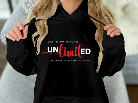 Unlimited Hoodie featuring a unisex fit, cotton blend material, pouch pocket, and adjustable draw cord for comfort and style.
