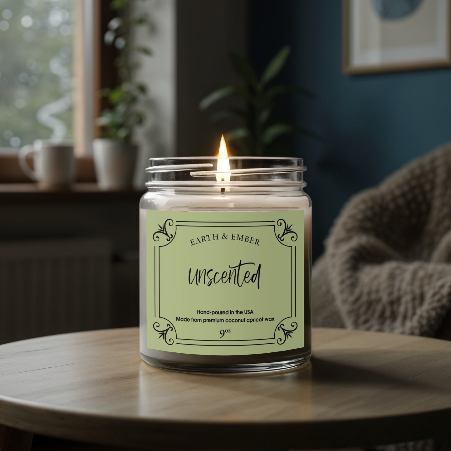 Unscented candle softly lit to create relaxing, neutral ambient lighting for any setting.