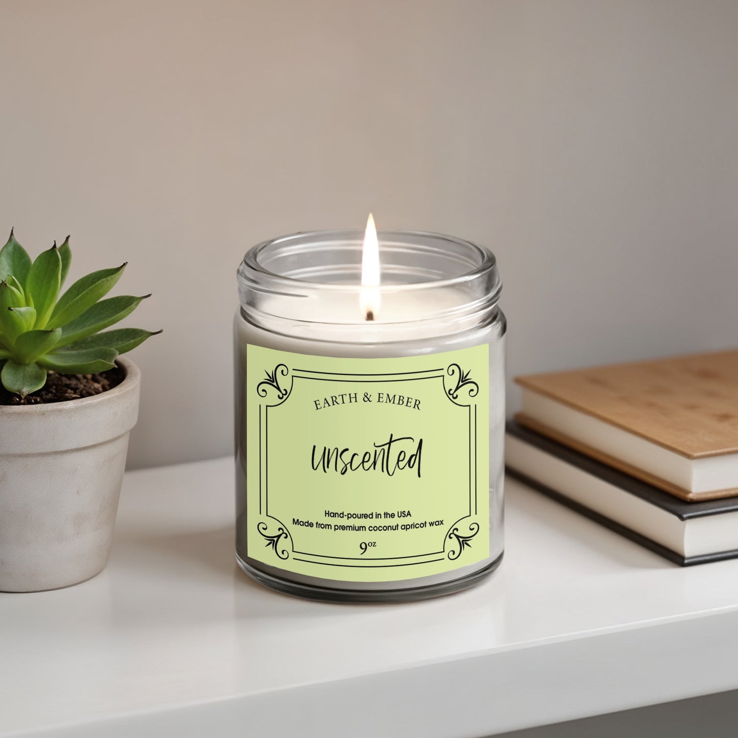 Unscented candle styled as minimalist home decor, providing warm glow without fragrance.