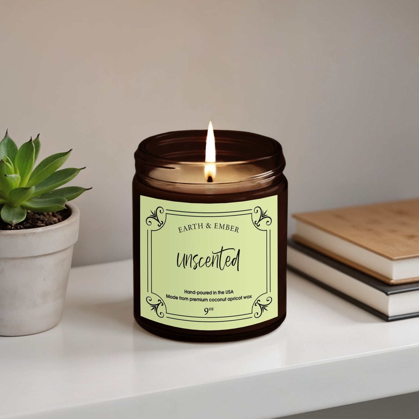 Unscented candle 9oz in amber jar with clean, fragrance-free wax and steady, long-lasting burn.
