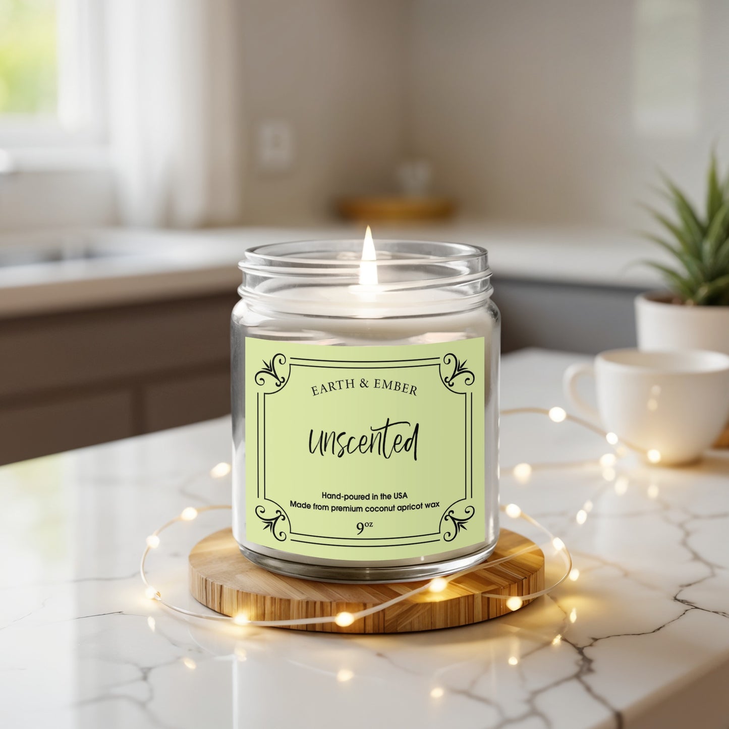 Unscented candle in clear jar displayed with simple decor and clean lines for calming, elegant atmosphere.