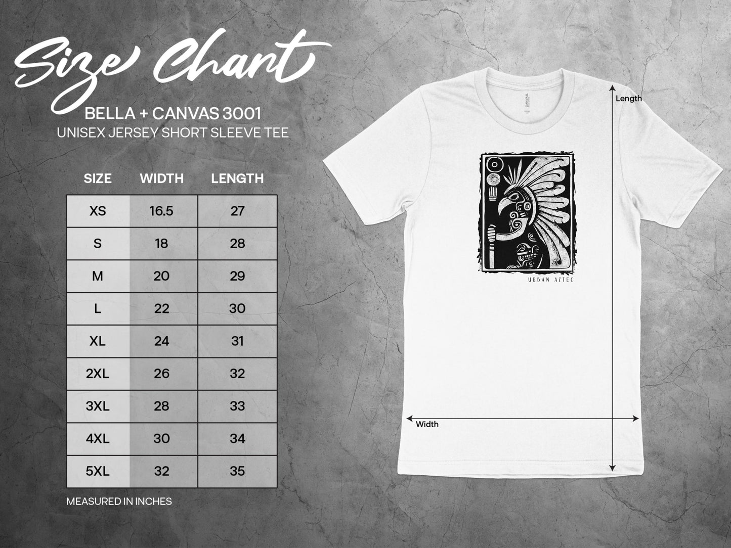 Urban Aztec Edition 2 size chart showing chest width and body length measurements from S to 3XL.