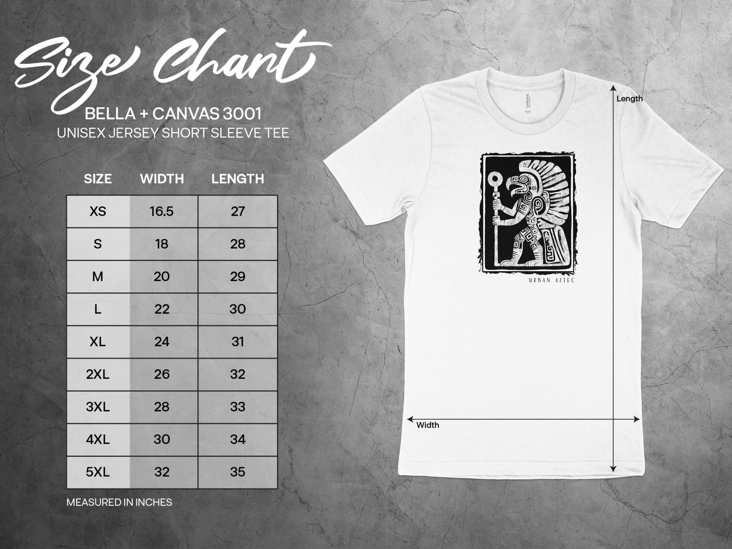 Urban Aztec Edition 3 size chart showing chest width and body length measurements from S to 3XL.