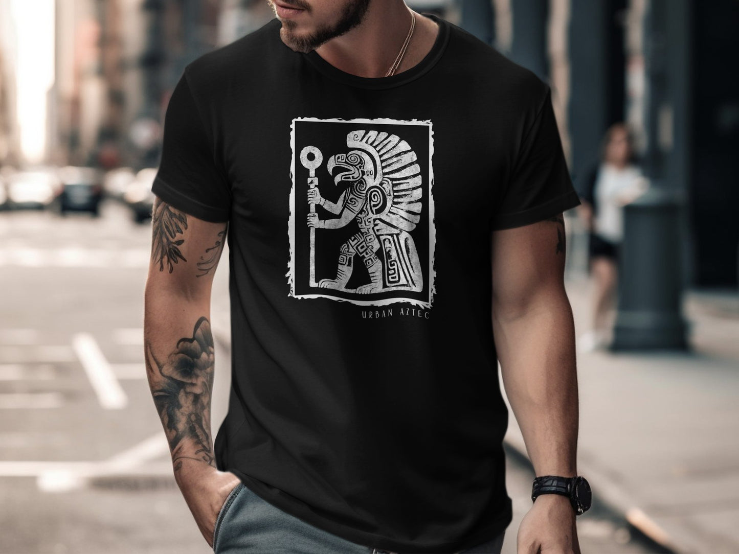 Urban Aztec Tee Edition 3 in black with a dynamic Aztec pattern, offering a sleek and modern design for any casual occasion.